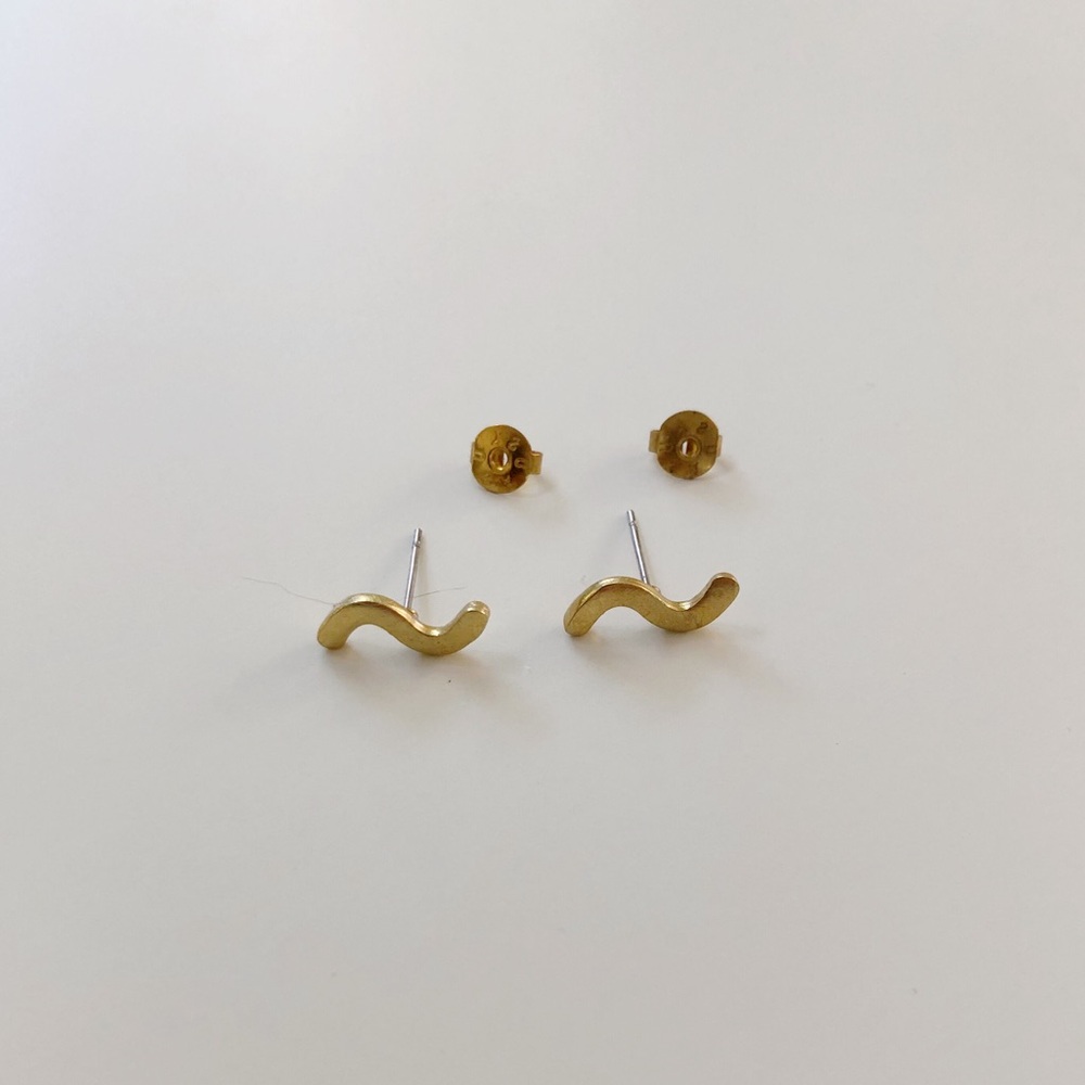pair of brass stud earrings - wave / squiggle with butterfly backings